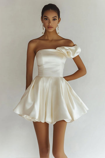 Chic One Shoulder Ruffle Satin White Graduation Dress